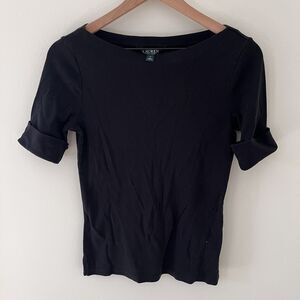 Ralph Lauren Blouse Medium Black Short Sleeve Boat Neck Casual 100% Cotton
